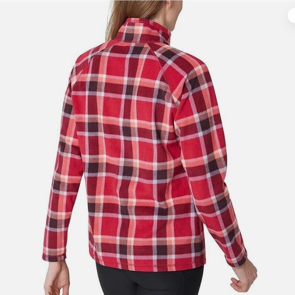 Eddie Bauer fleece 1/4 zip plaid pullover pink maroon SIZE Medium NWT - Picture 2 of 12